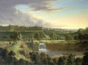 Rivierlandschap bij een ommuurde stad, waarschijnlijk Sachausen door Johann Christian Vollerdt or Vollaert